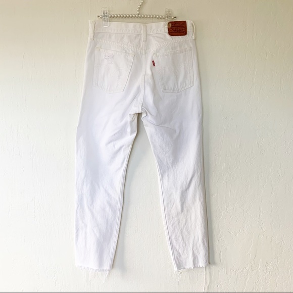 Levi Wedgie Straight White Distressed Denim High-Rise Cropped Jeans - Picture 9 of 16